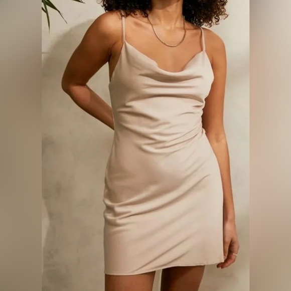 Urban Outfitters Mini cream/tan Satin Cowl Neck Slip Dress. Small. - Picture 2 of 6